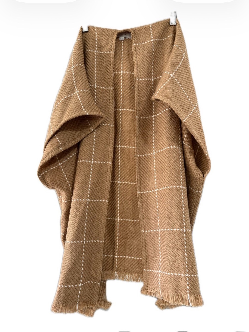LOFT Camel Windowpane Plaid Open Front Fringe Poncho XS/S